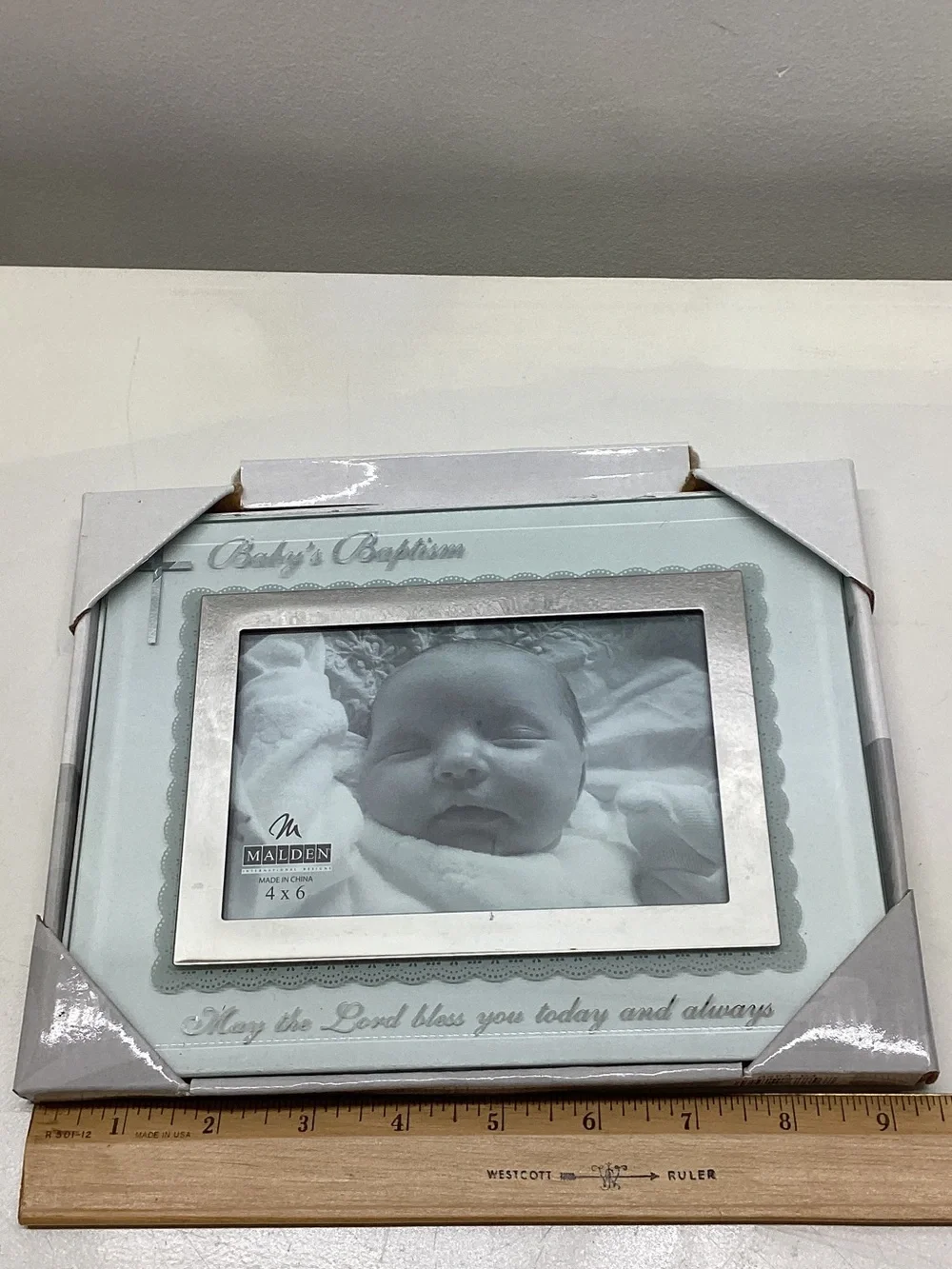 NIB Malden Clear and Silver Baby Baptism Glass Picture Frame